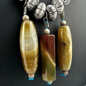 Boho Banded Agate Barrel Bead Silver Tone Tribal Style Cotton Cord 20" Necklace